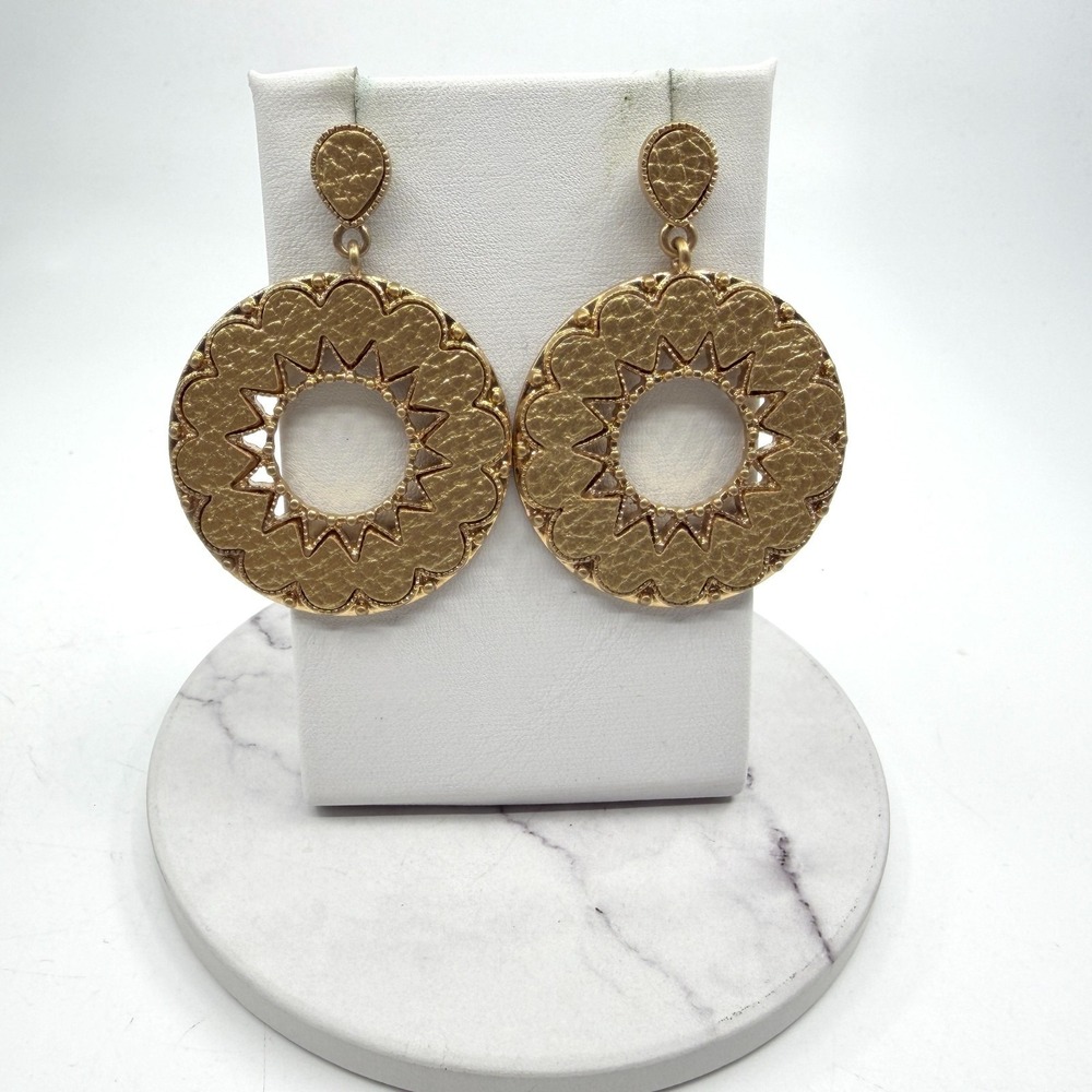 Gold Tone Textured Statement Drop Earrings Large Round Star Cutout Boho Festival